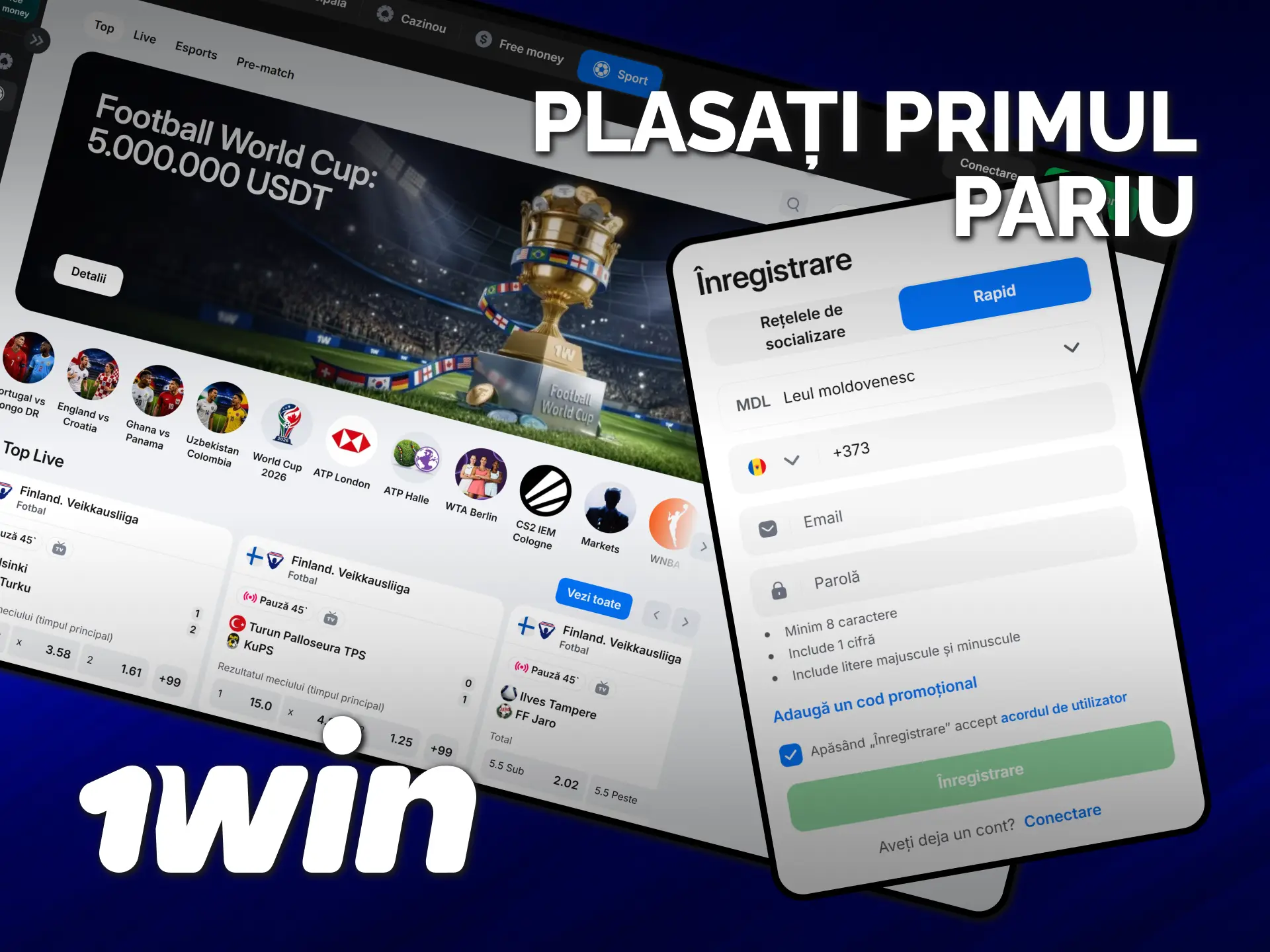 Deschide un cont nou și plasează primul pariu la 1win.