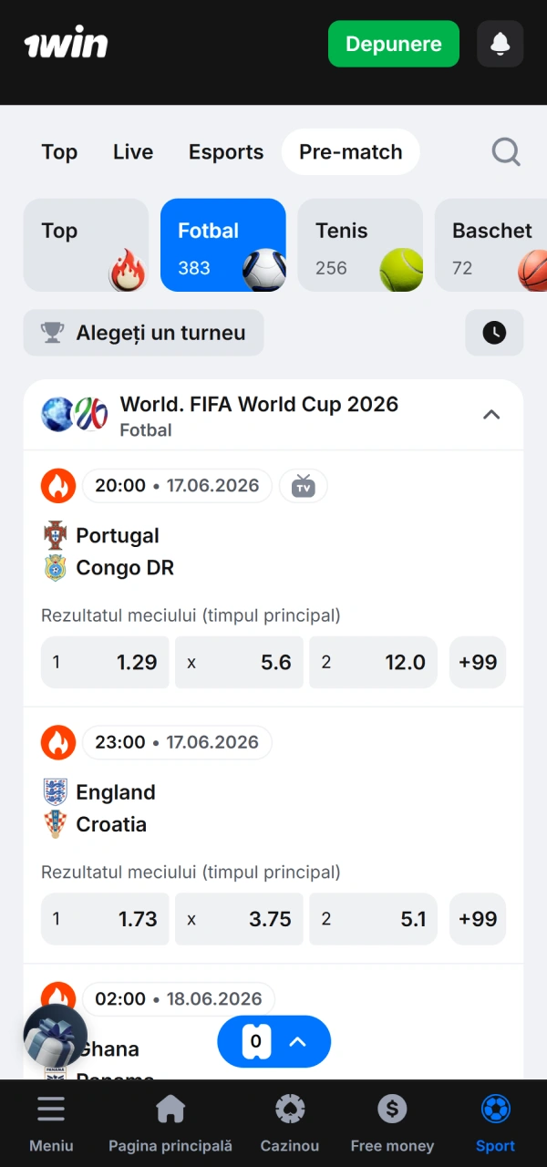 Selectează meciul dorit pentru a pariezi pe favoriți în 1win Aplicația.