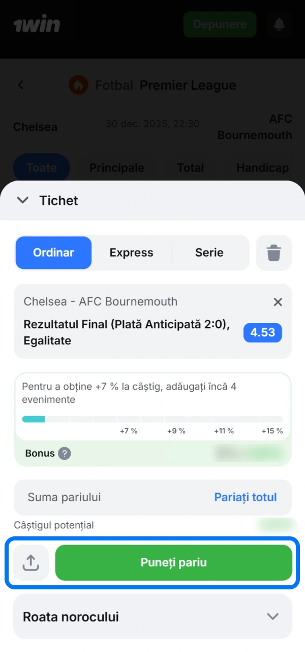 Finalizează biletul de joc pentru a pariezi cu succes în 1win Aplicația.