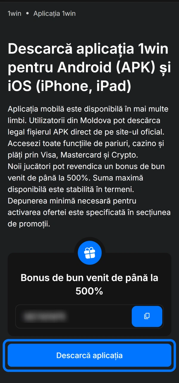 Instalează utilitarul mobil pentru a pariezi eficient cu 1win Aplicația.