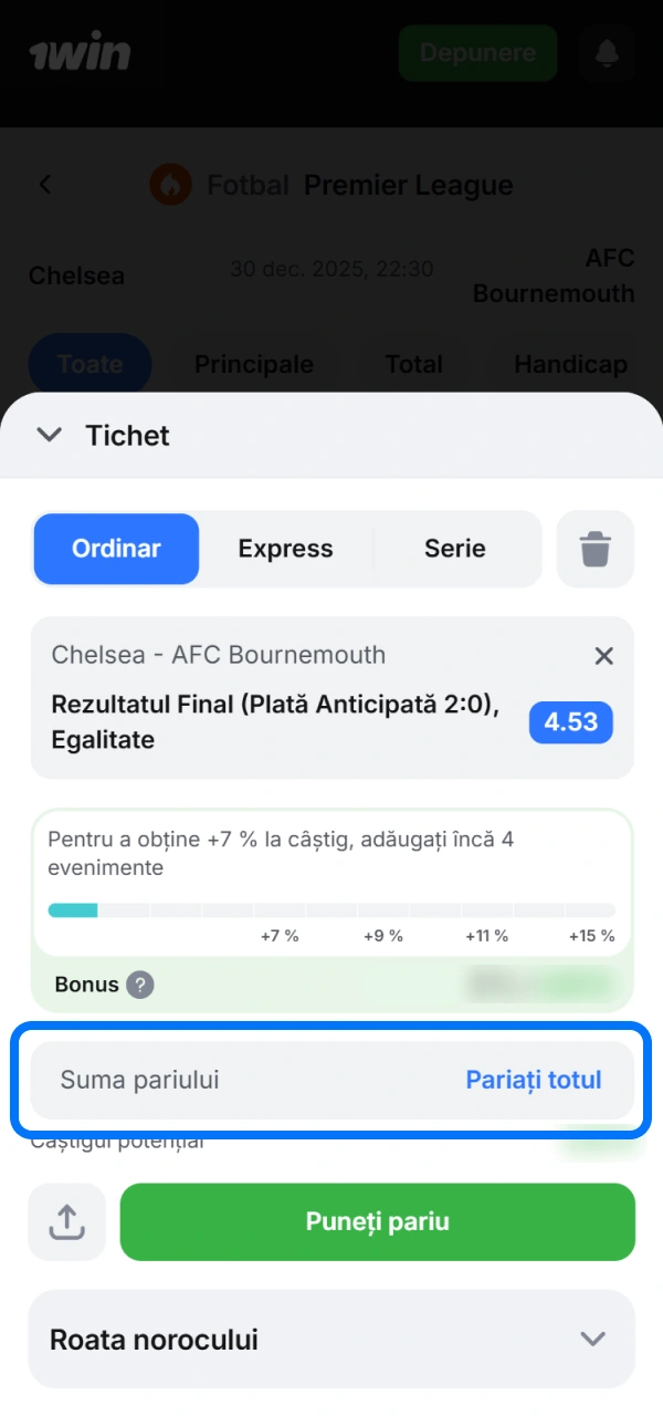 Specifică miza dorită atunci când vrei să pariezi via 1win Aplicația.