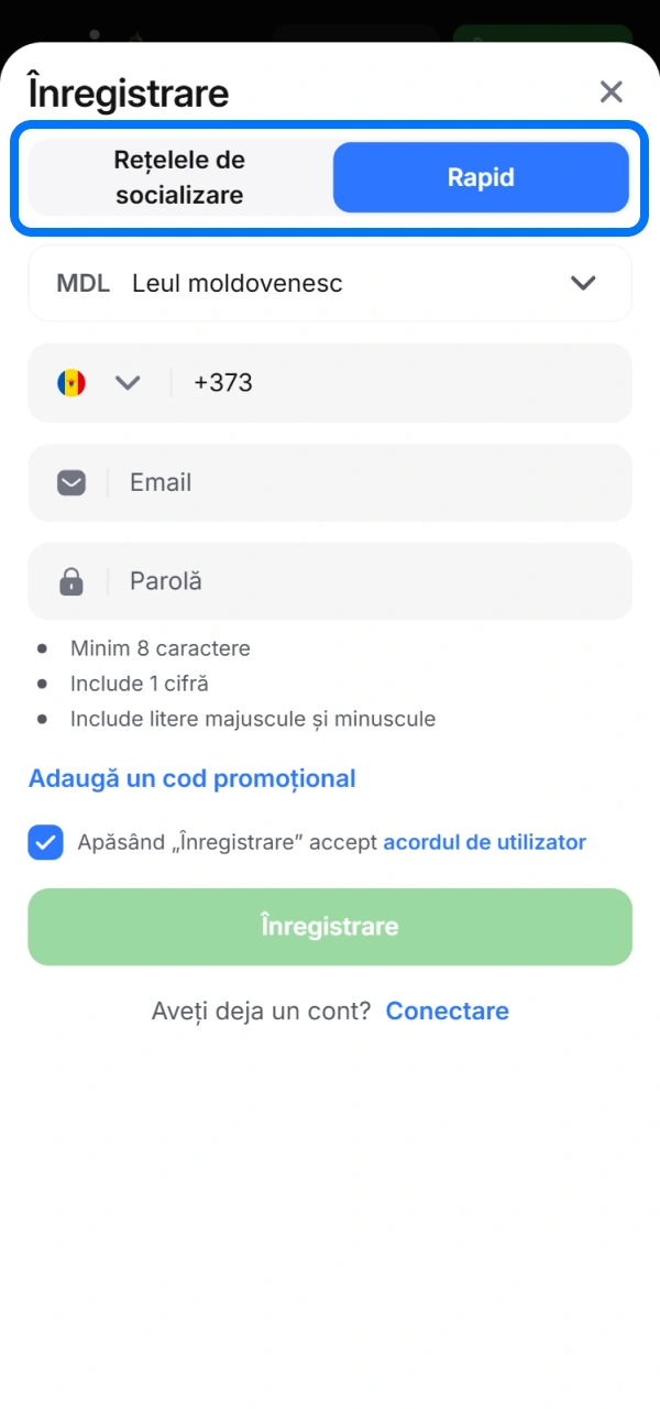 Selectează opțiunea dorită pentru înregistrare rapidă în contul 1win Aplicația.